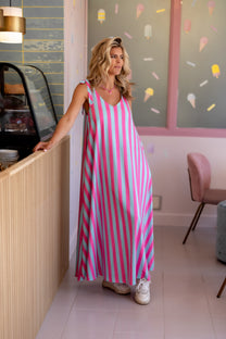 Dress Flirty Stripe | Turquoise & pink | Studio Poespas
