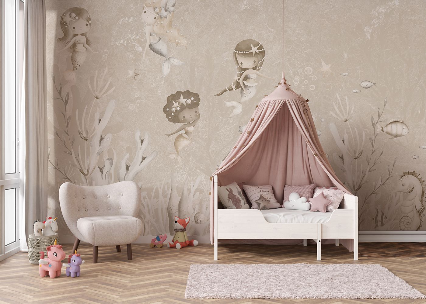Wallpaper Swimming Mermaids | Beige