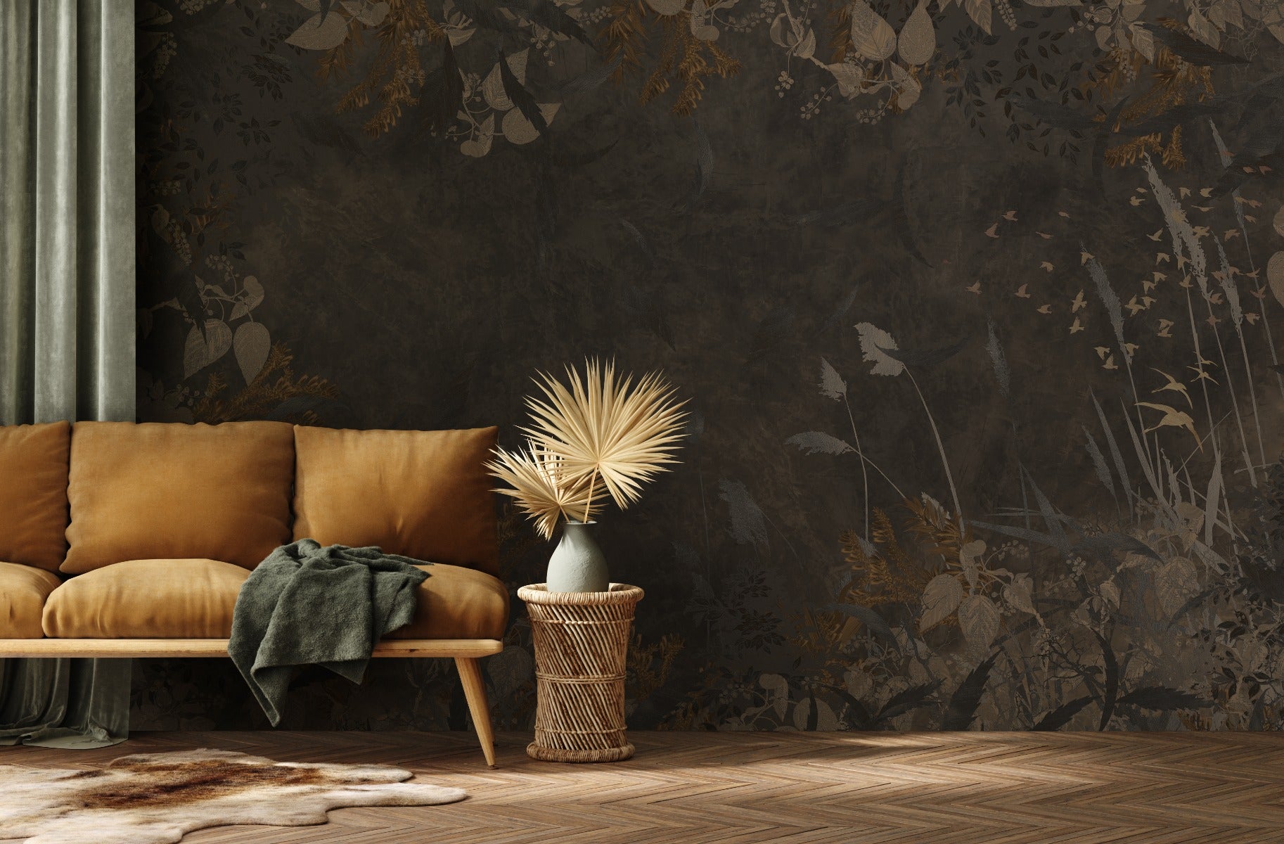 Wallpaper Golden leaves | Dark brown