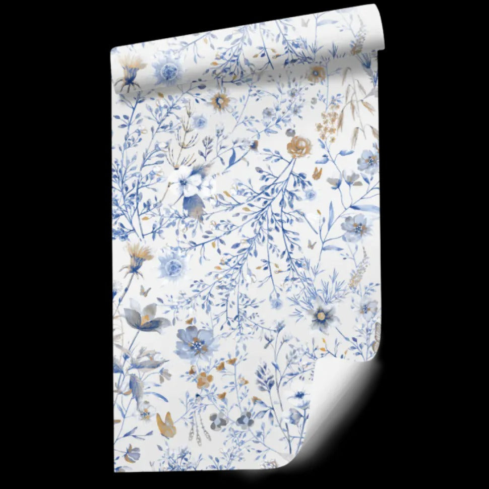 SALE | Behang Vintage flowers | Blauw | Patroonbehang