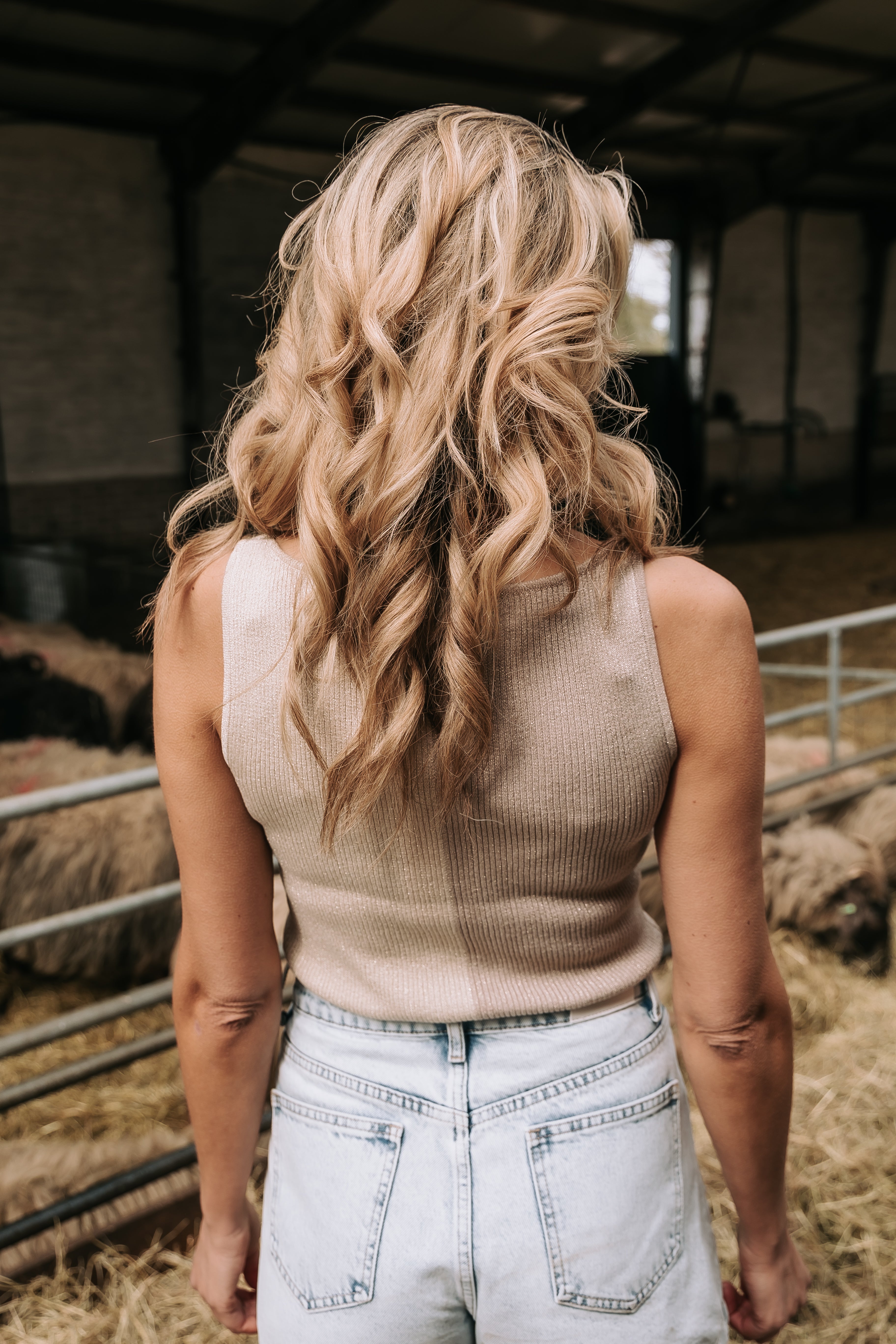 Mouwloze tweekleurige top met subtiele glitter en boothals