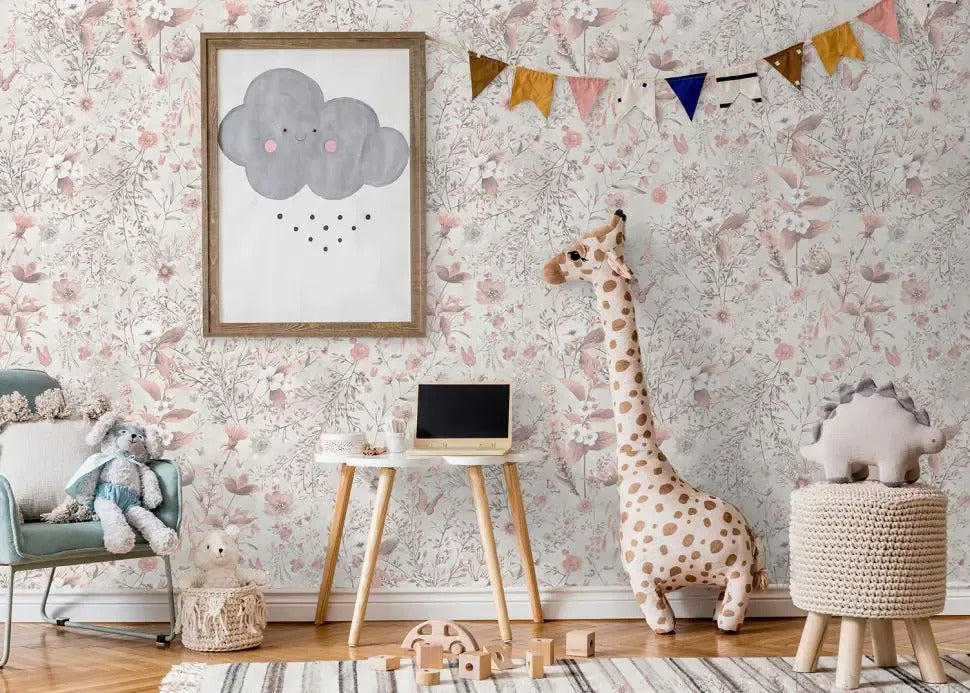 SALE | Behang Vintage flowers | Wit | Patroonbehang