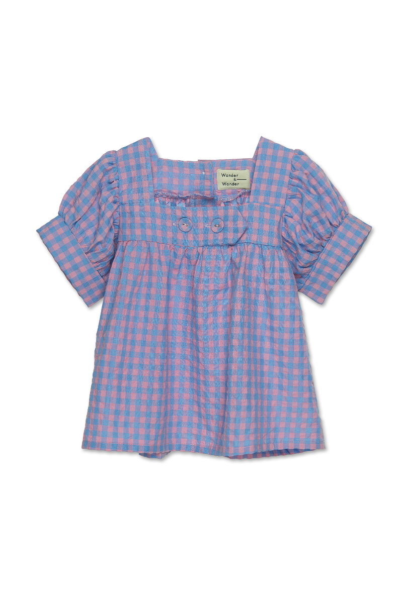 Blouse square neck | Blue/pink check | Wander & Wonder