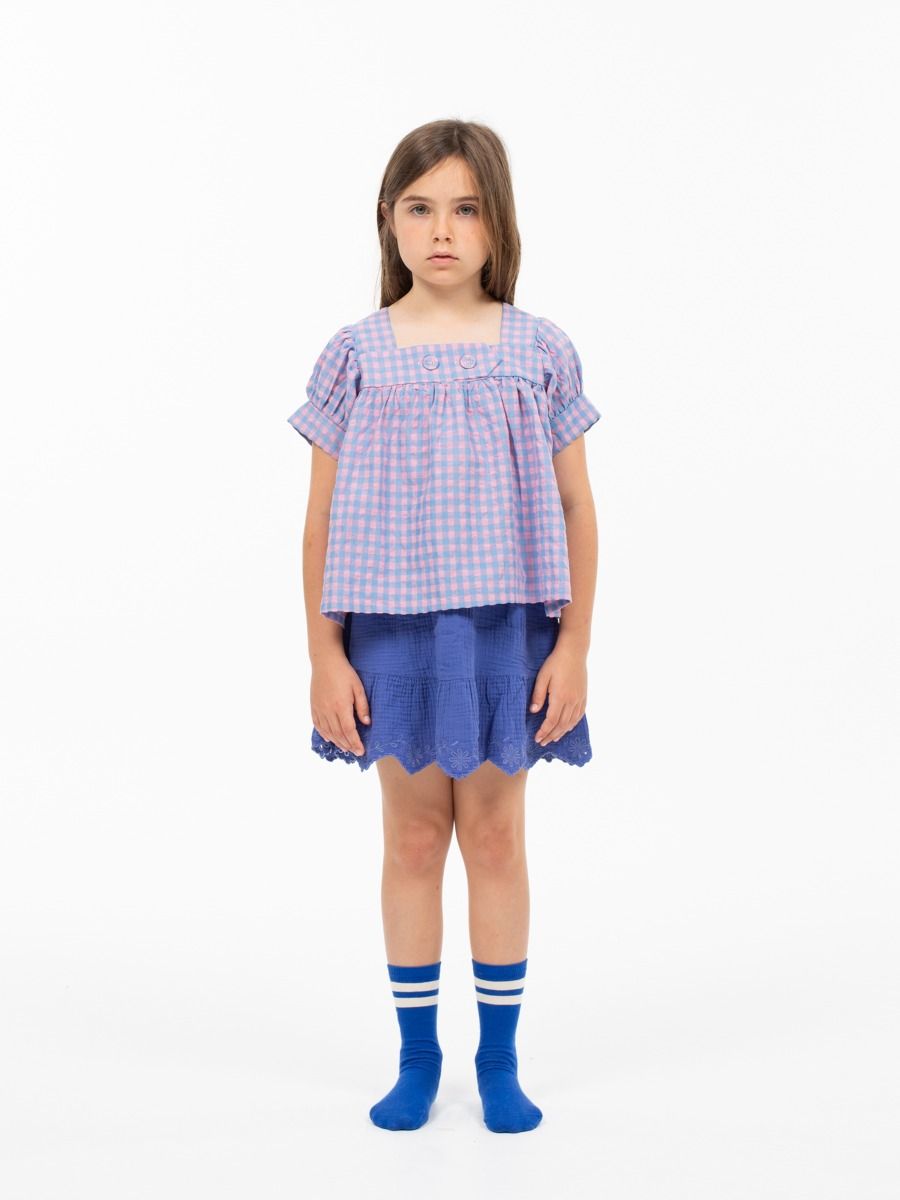Blouse square neck | Blue/pink check | Wander & Wonder