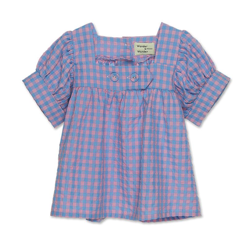 Blouse square neck | Blue/pink check | Wander & Wonder