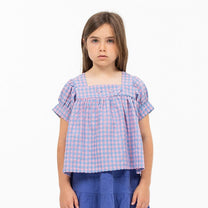 Blouse square neck | Blue/pink check | Wander & Wonder