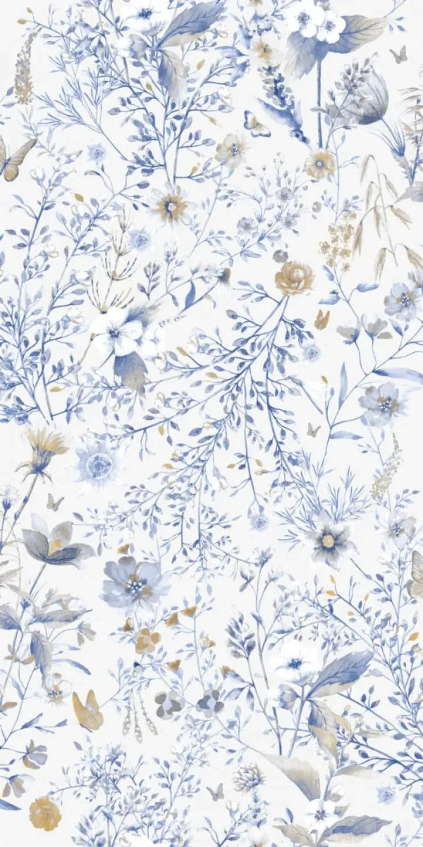 SALE | Behang Vintage flowers | Blauw | Patroonbehang